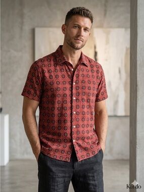 Kardo Mosaic Block Print by Hand Geometric Chintan Short Sleeve Cotton Shirt, XL